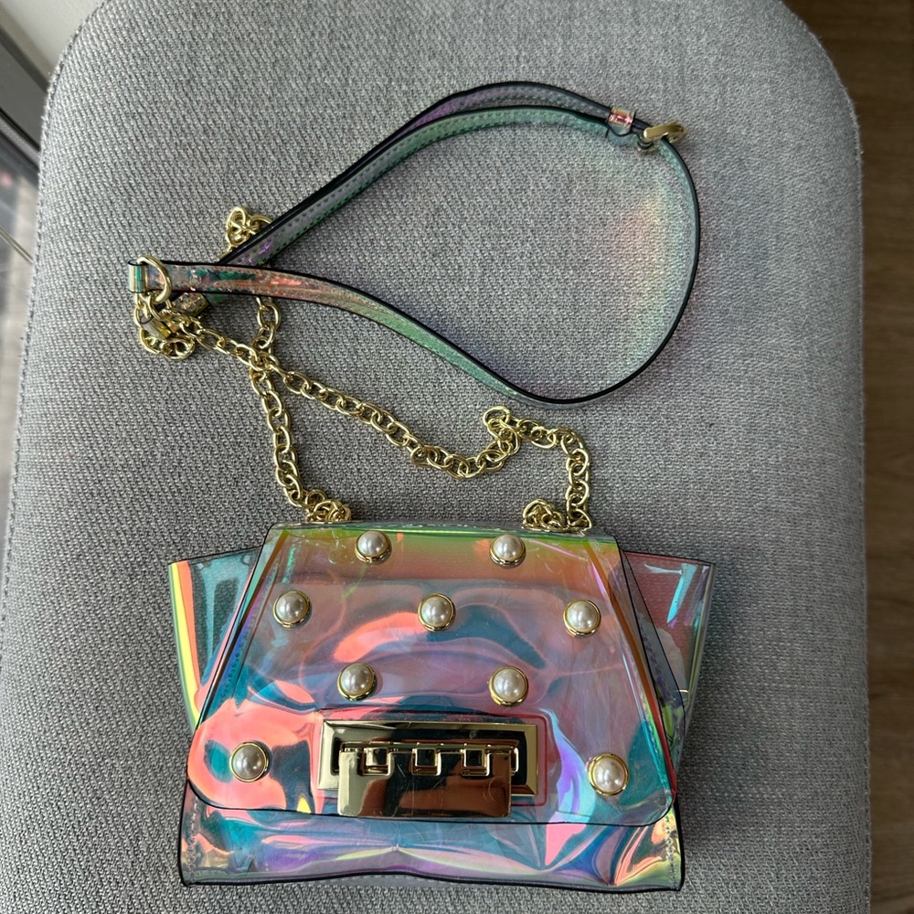 ZAC Zac Posen Eartha Clear Pearl Mini Chain Crossbody Bag Iridescent Holographic